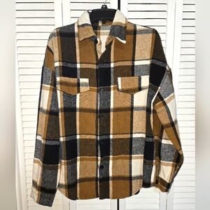 Men's L Plaid Button-Up Shirt Jacket in Brown and Black